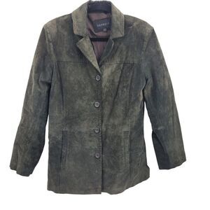 Vintage Express Leather Jacket Shacket M Forest Green Notched Collar Button Down